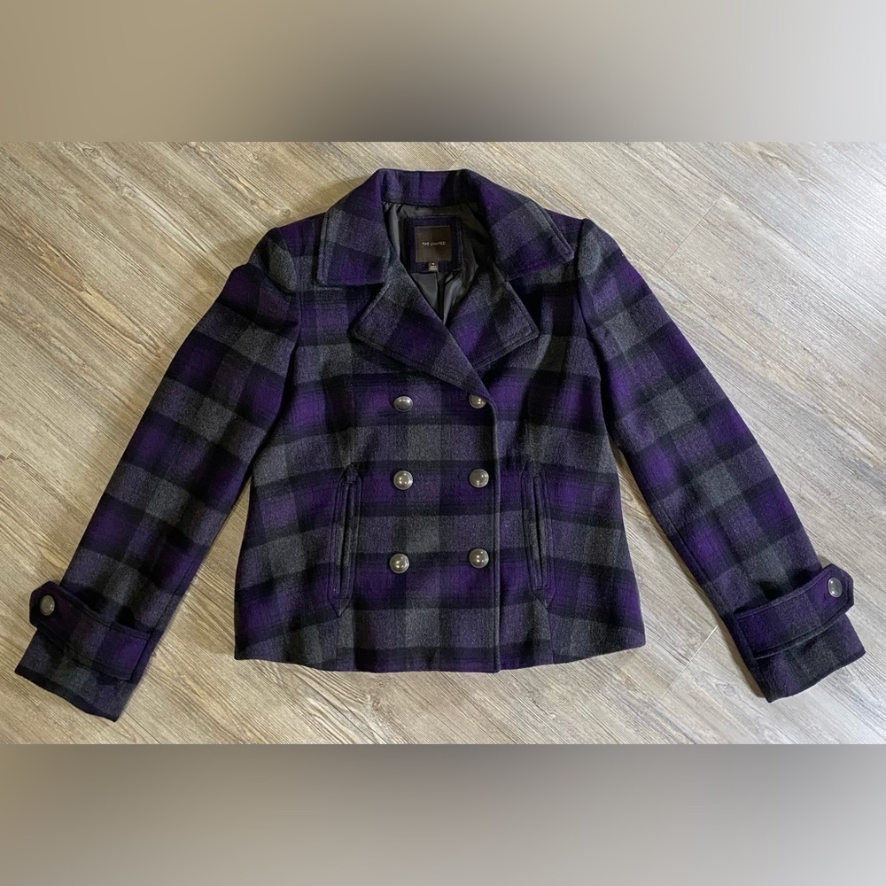 The Limited Plaid Purple Black Grey Pea Coat NWOT
